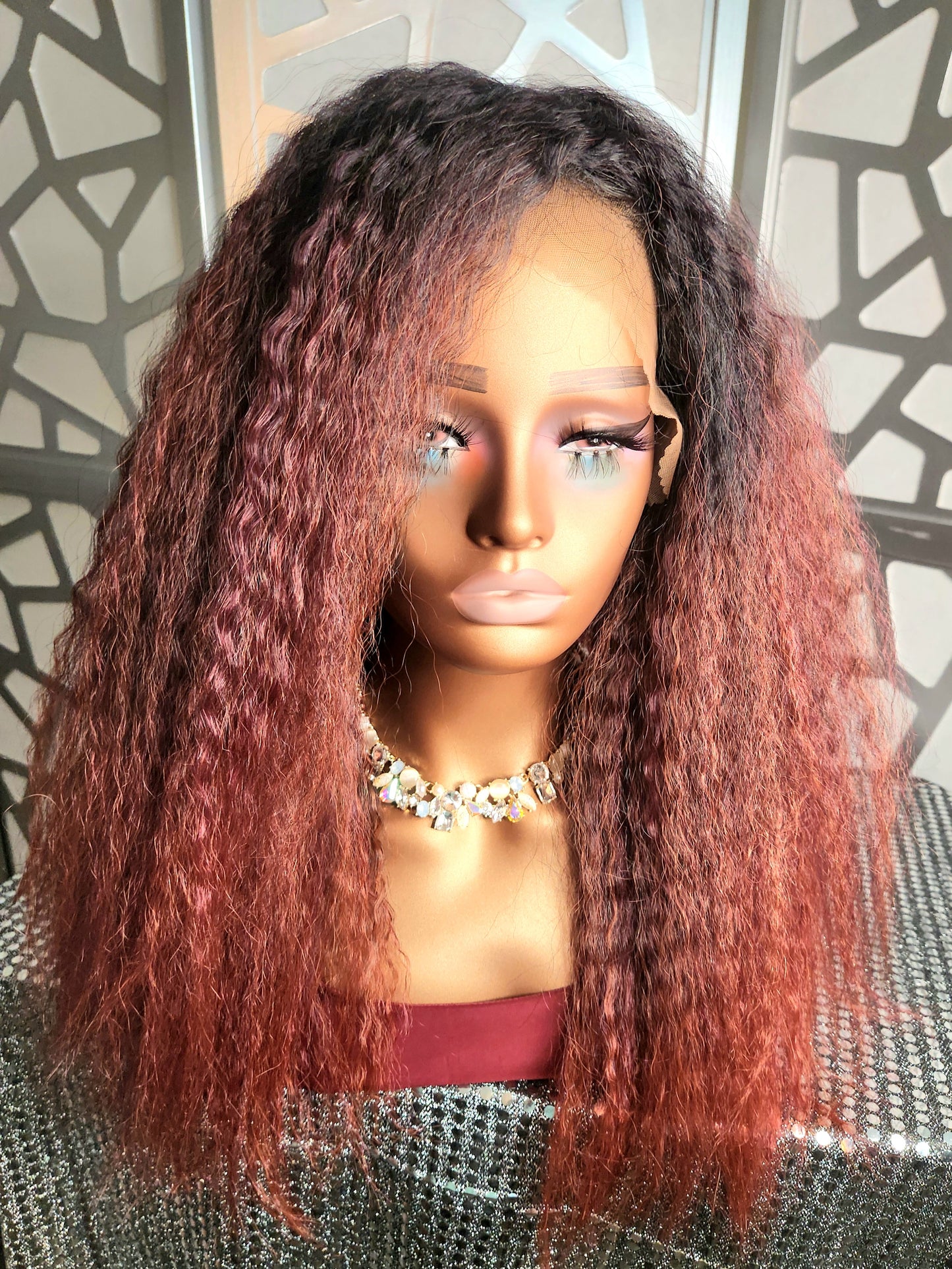 22" Kinky Straight Wig, Free Parting Wig, Ombre Dark Burgundy Wig Highlights Red Human Hair Blend Heat Safe