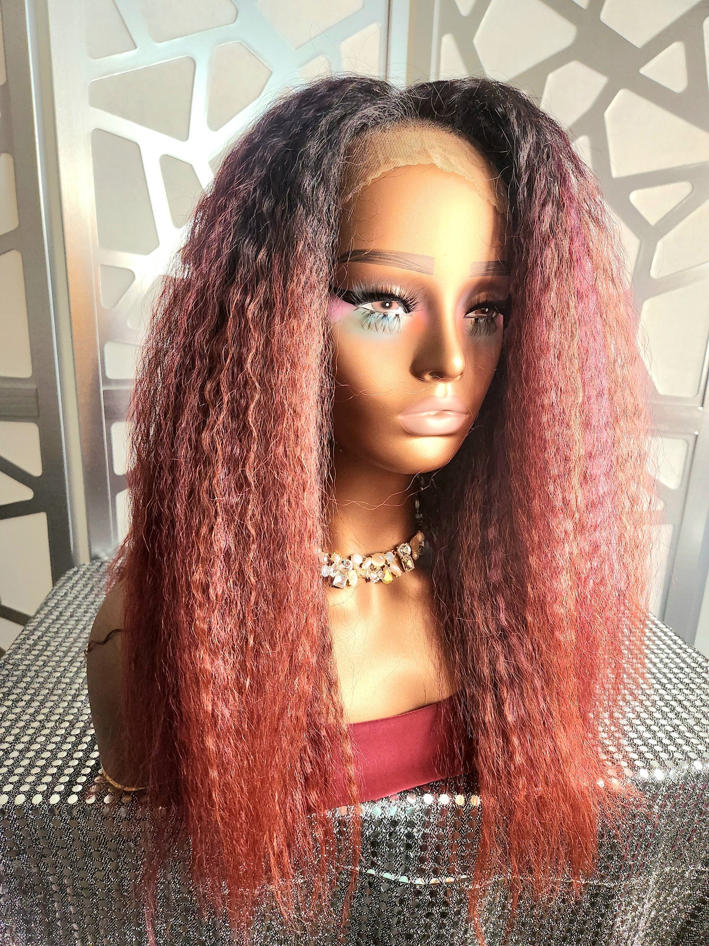 22" Kinky Straight Wig, Free Parting Wig, Ombre Dark Burgundy Wig Highlights Red Human Hair Blend Heat Safe