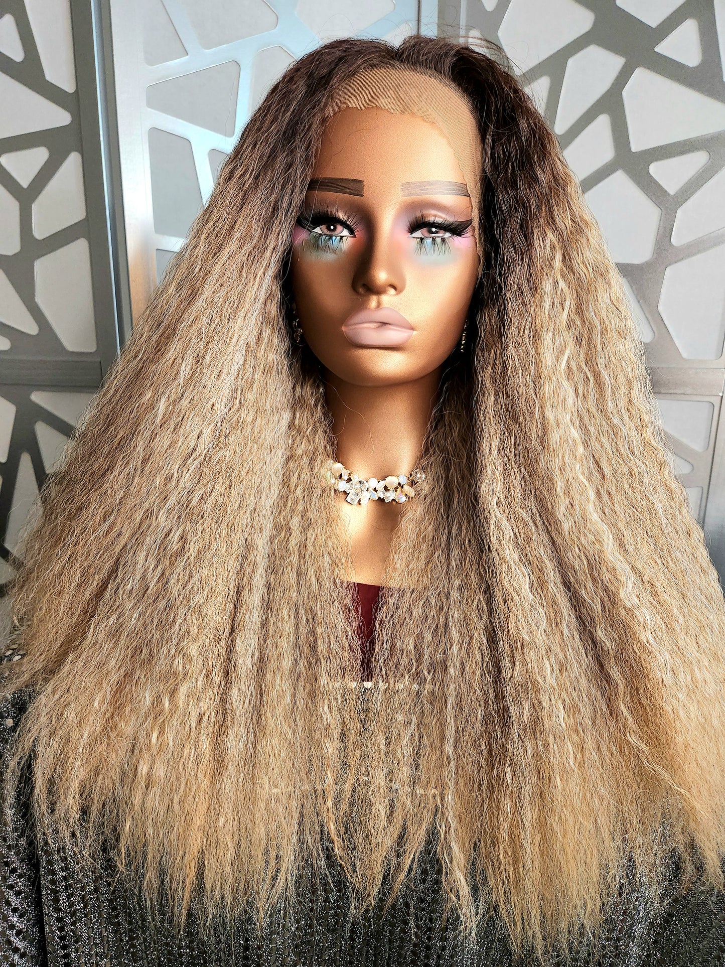 28" Long Kinky Straight Freeparting 13x4  Lace Front Wig Ombre Blonde Human Hair Blend Glueless Wig Heat Safe