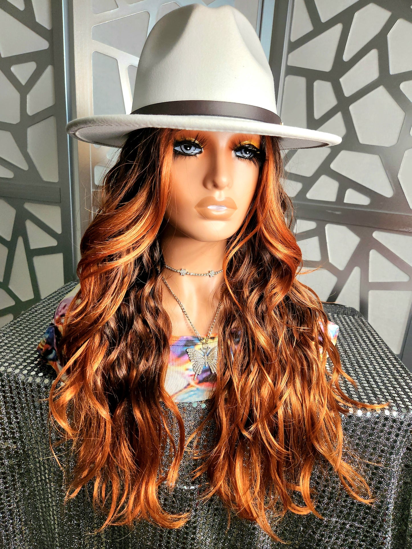 Wavy Wig, Ombre Wig, Reddish Brown Blonde Wig, Lace Front Wig, Human hair blend, Highlights Blonde Glueless Wig Daily Wear Hair Loss Heat