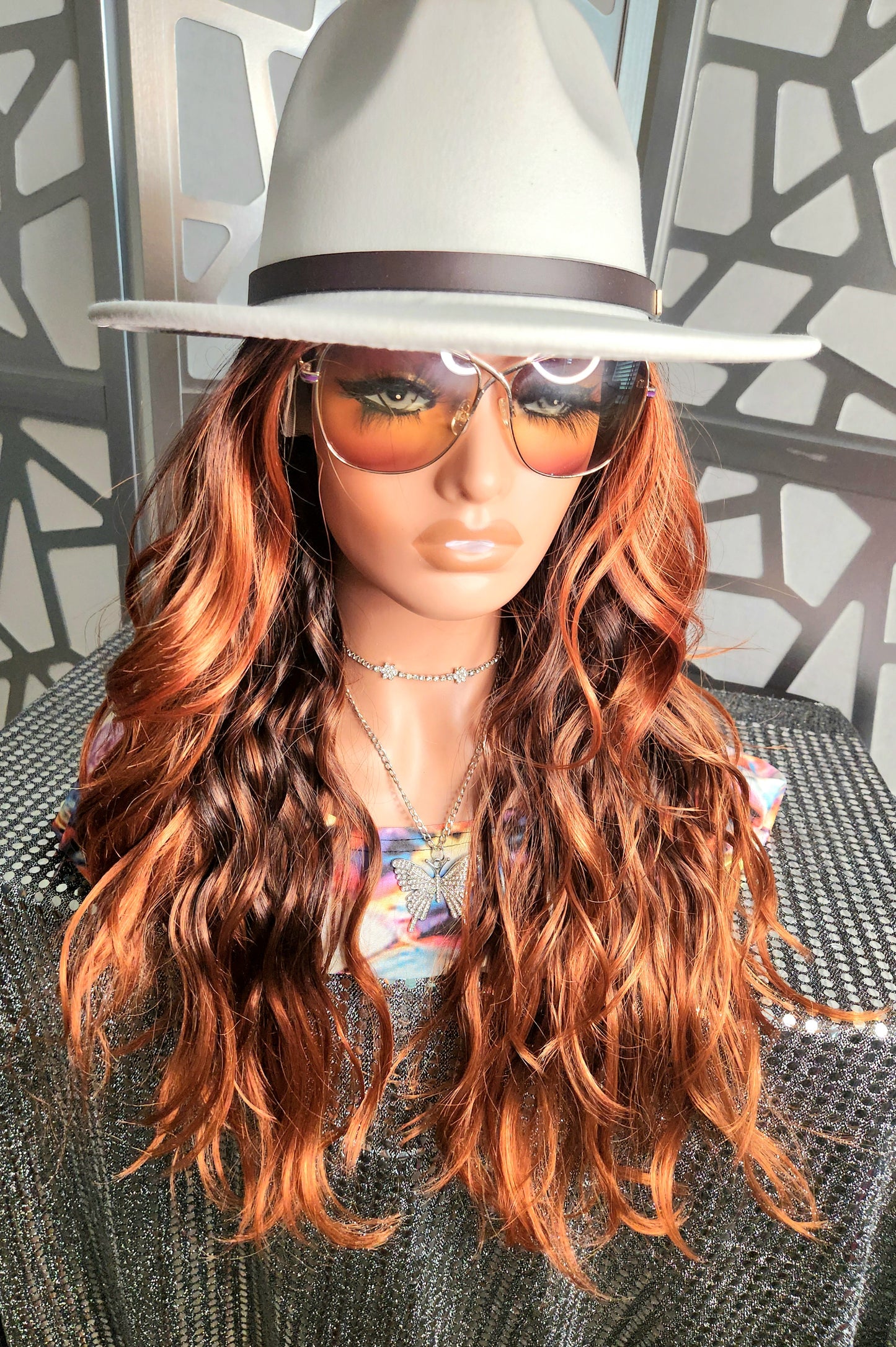 Red Wavy Wig, Lace Front wig Ombre Wig, Cooper Red Wig Human hair blend, Highlights Auburn Mixed Reds Glueless Wig Daily Wear Hair Loss