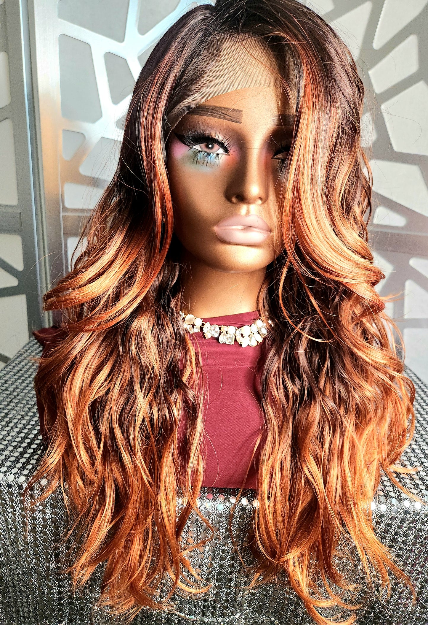 Red Wavy Wig, Lace Front wig Ombre Wig, Cooper Red Wig Human hair blend, Highlights Auburn Mixed Reds Glueless Wig Daily Wear Hair Loss