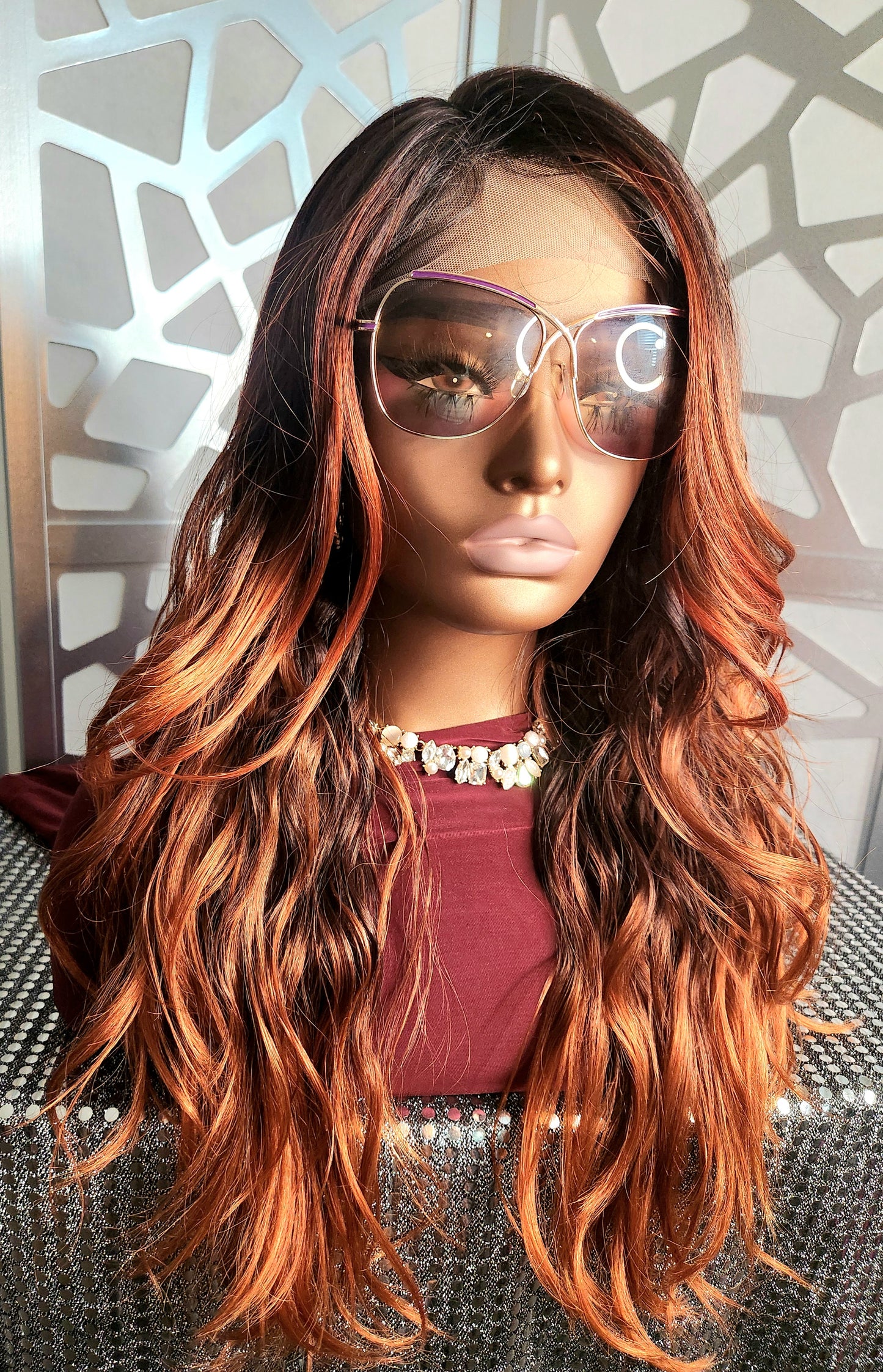 Red Wavy Wig, Lace Front wig Ombre Wig, Cooper Red Wig Human hair blend, Highlights Auburn Mixed Reds Glueless Wig Daily Wear Hair Loss