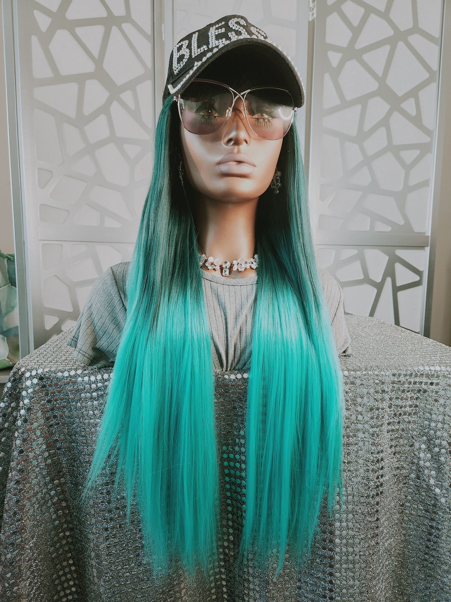 28"Straight Long Wig with Bangs Blue Wig Ombre Blue Aqua Wig Glueless Daily Wear Hair loss Anime