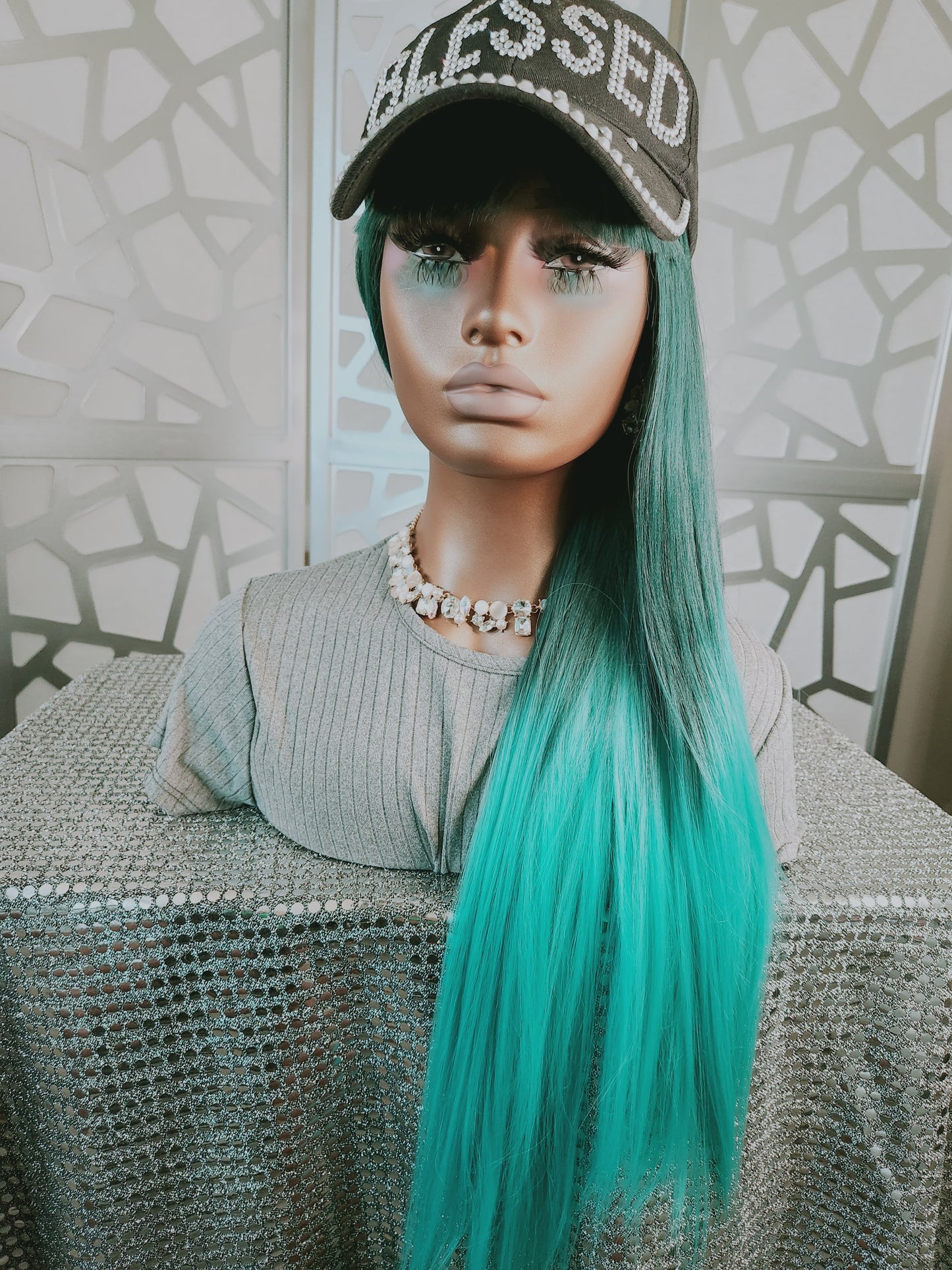 28"Straight Long Wig with Bangs Blue Wig Ombre Blue Aqua Wig Glueless Daily Wear Hair loss Anime