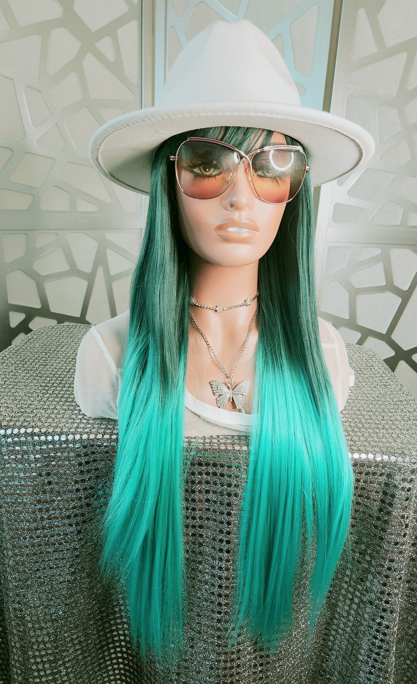 28"Straight Long Wig with Bangs Blue Wig Ombre Blue Aqua Wig Glueless Daily Wear Hair loss Anime