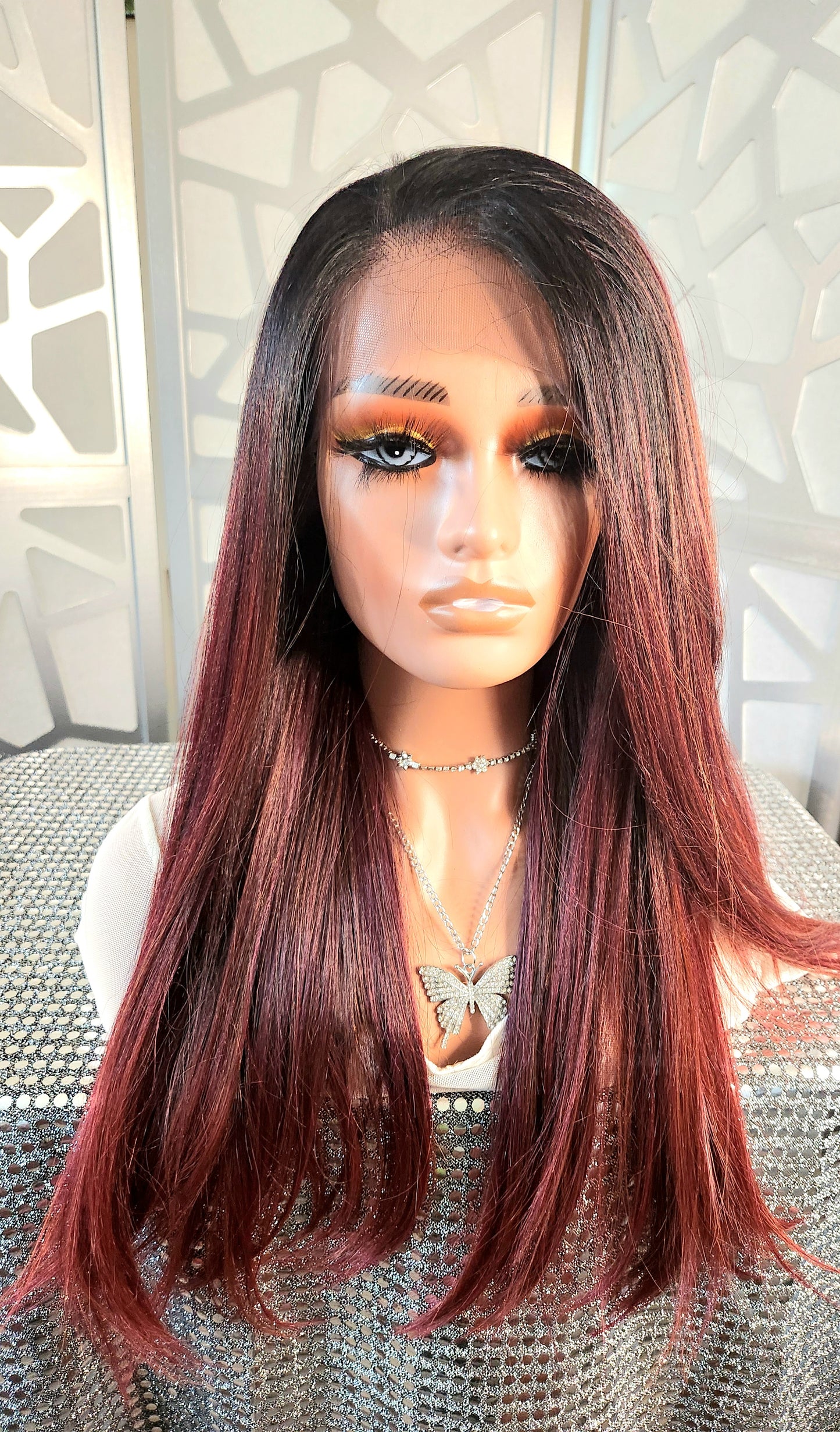 24" Long Straight Wig Lace Wig Burgundy Ombre Wig Human Hair Blend Free Parting 13x6  Highlights Heat Safe Daily wear Hair Loss