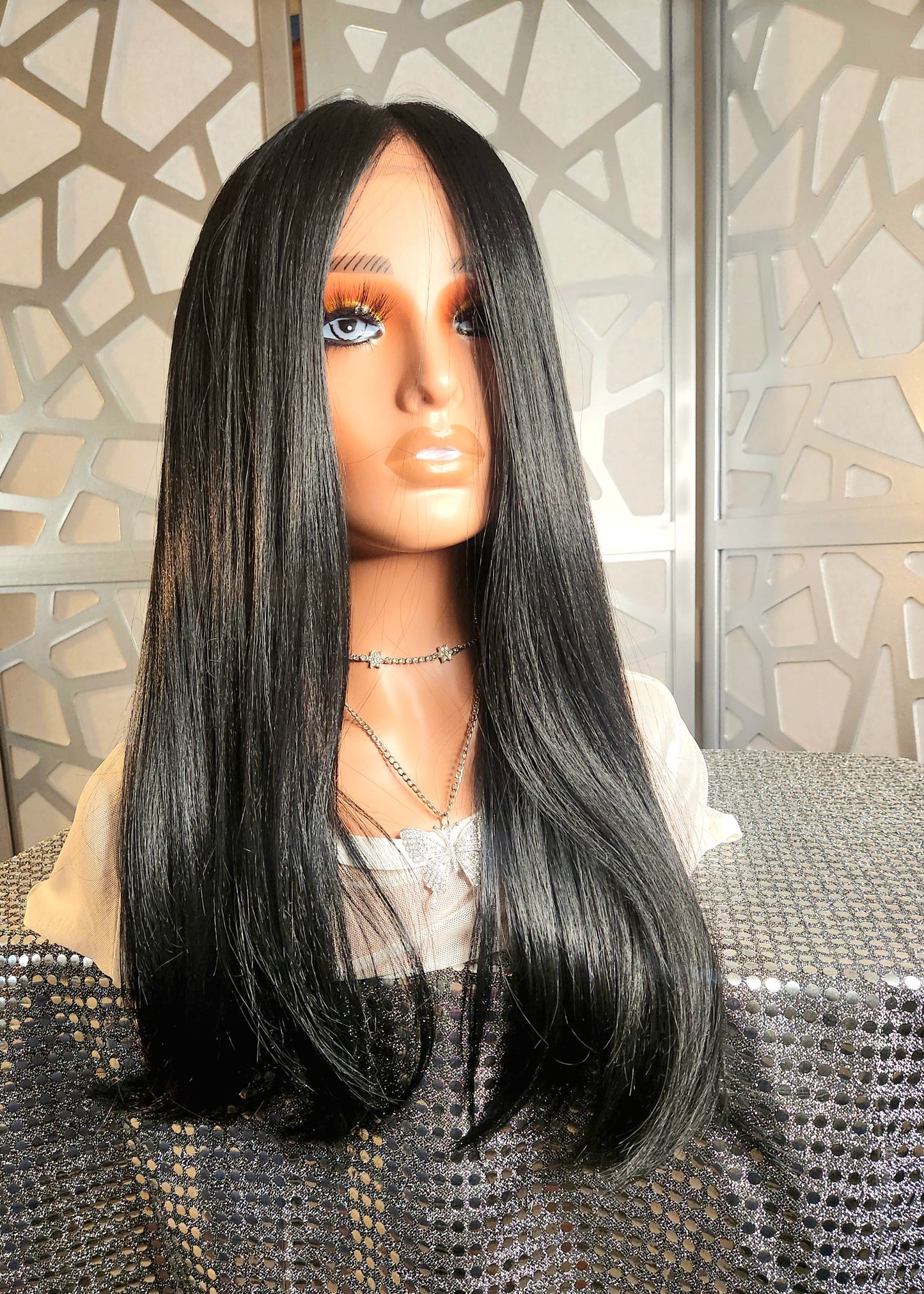 24" Long Black Wig Straight Free Parting Wig 13x6 Human Hair Blend Gleless Wig Heat Safe Daily Wear Hair Loss