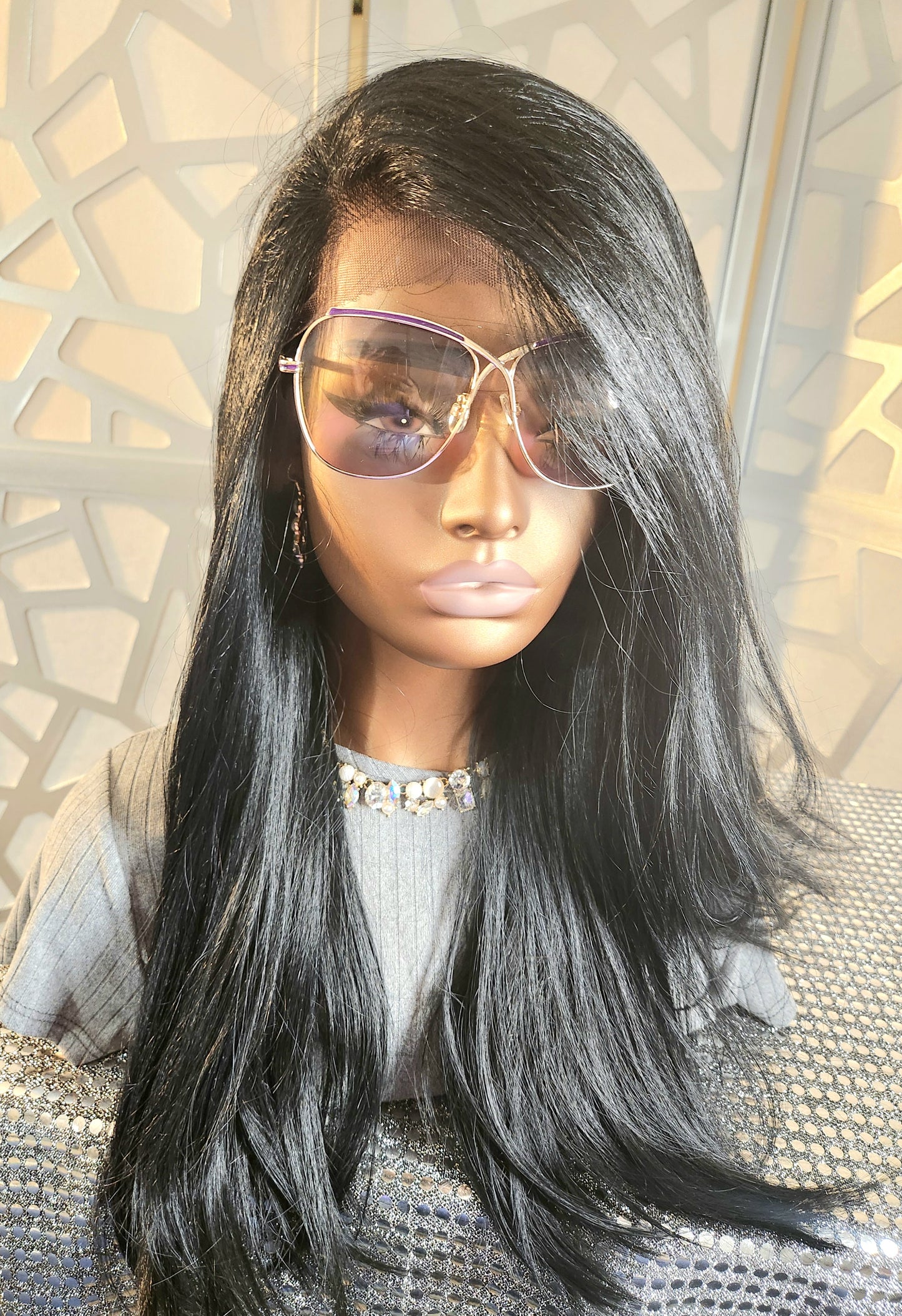 24" Long Black Wig Straight Free Parting Wig 13x6 Human Hair Blend Gleless Wig Heat Safe Daily Wear Hair Loss