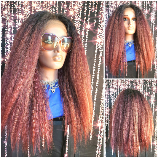 22" Long Kinky Straight Freeparting 13x4  Lace Front Wig Ombre Wine Burgundy Human Hair Blend Glueless Wig Heat Safe
