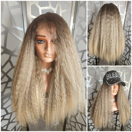 28" Long Kinky Straight Freeparting 13x4  Lace Front Wig Ombre Blonde Human Hair Blend Glueless Wig Heat Safe
