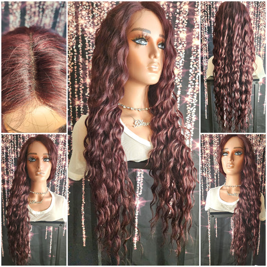 28" Long Curly Wig Burgundy 99J Lace Front Wig Human Hair Blend Wavy Long Wig Glueless Wig Curly Long Wig Daily Wear or Hair loss Heat Safe