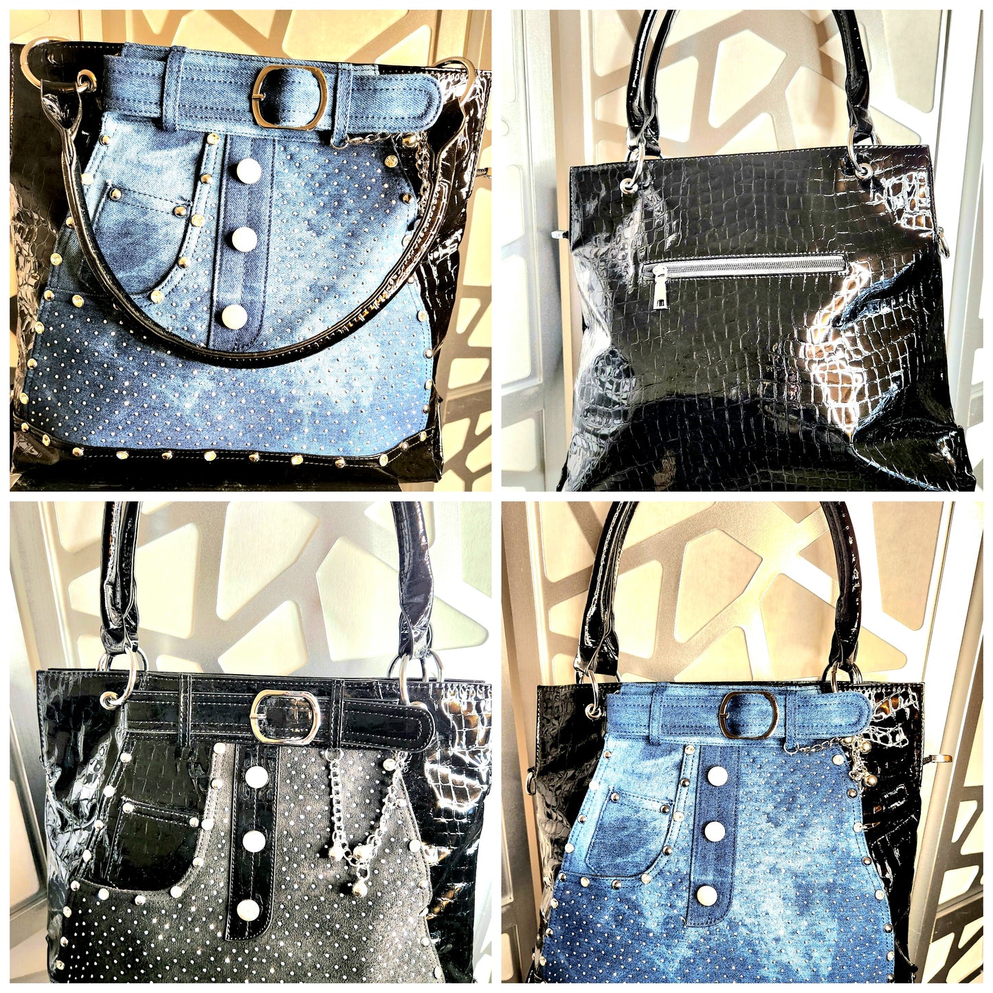 Demin Handbag Blue Jeans Bling Rhinestone Purse Black Patent Trim Tote