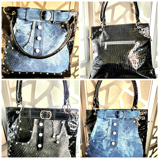 Demin Handbag Blue Jeans Bling Rhinestone Purse Black Patent Trim Tote