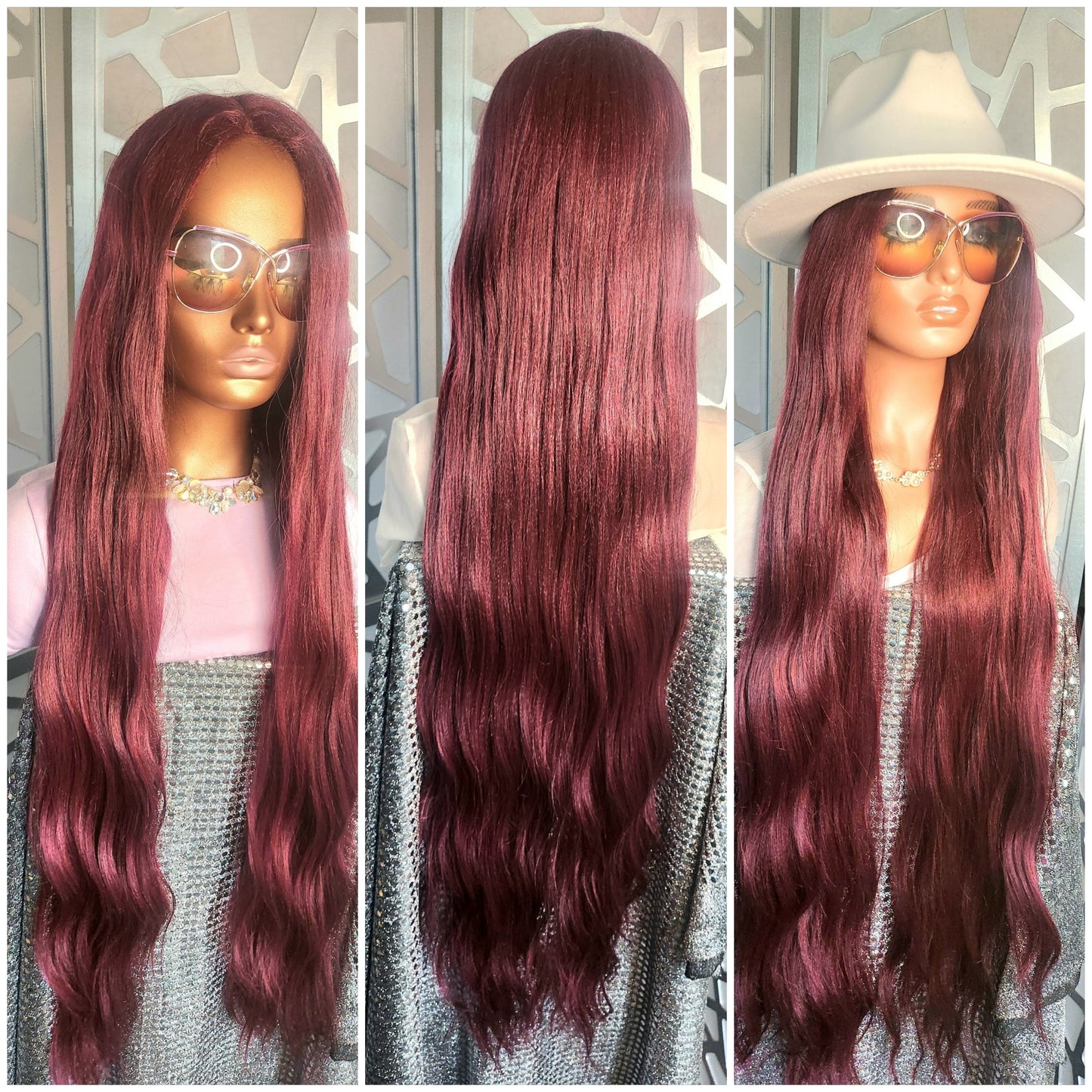 43" Extra Long Wig Loose Wave Burgundy Wig Lace Part Wig Human Hair Blend Glueless Wig Heat SAfe