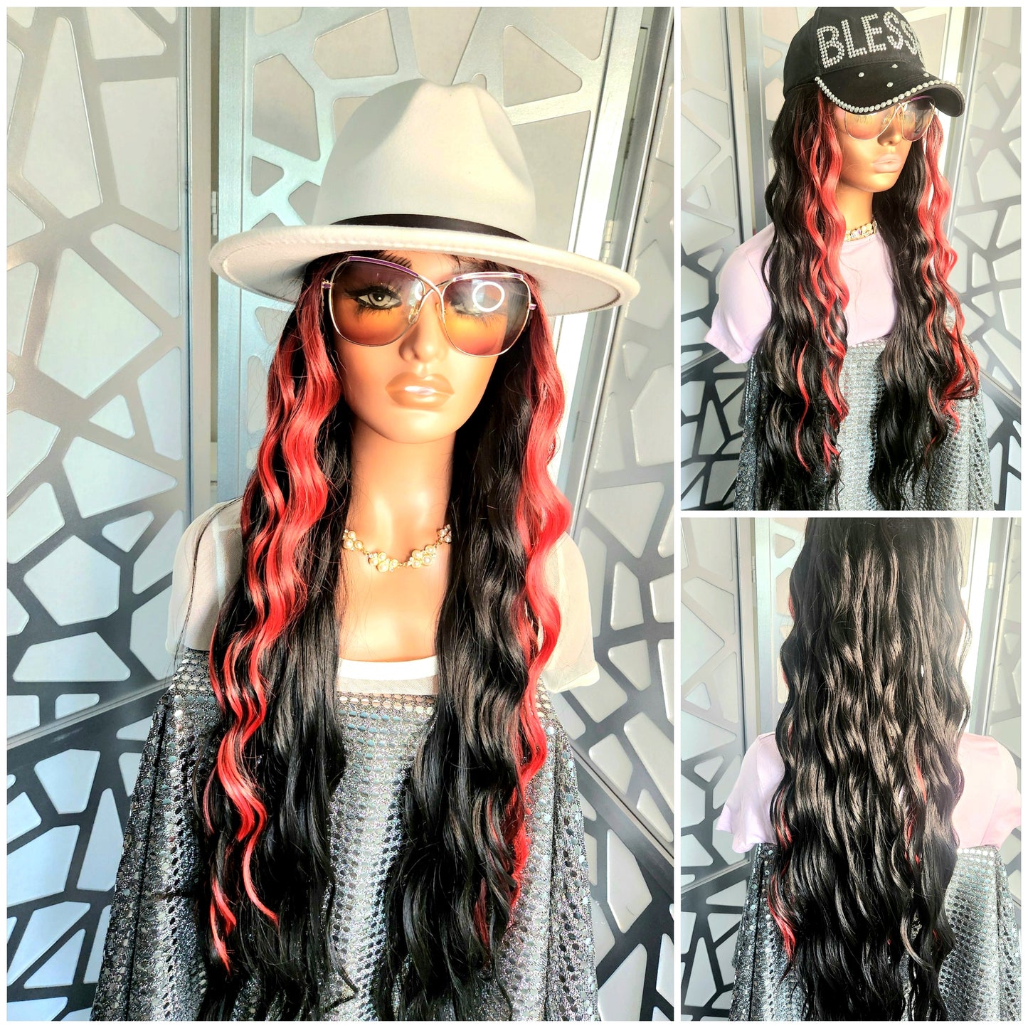 34" Black Long Curly Wig Balayage Highlights Red Human Hair Blend Glueless Wig Hair Loss Daily Wear Heat Safe