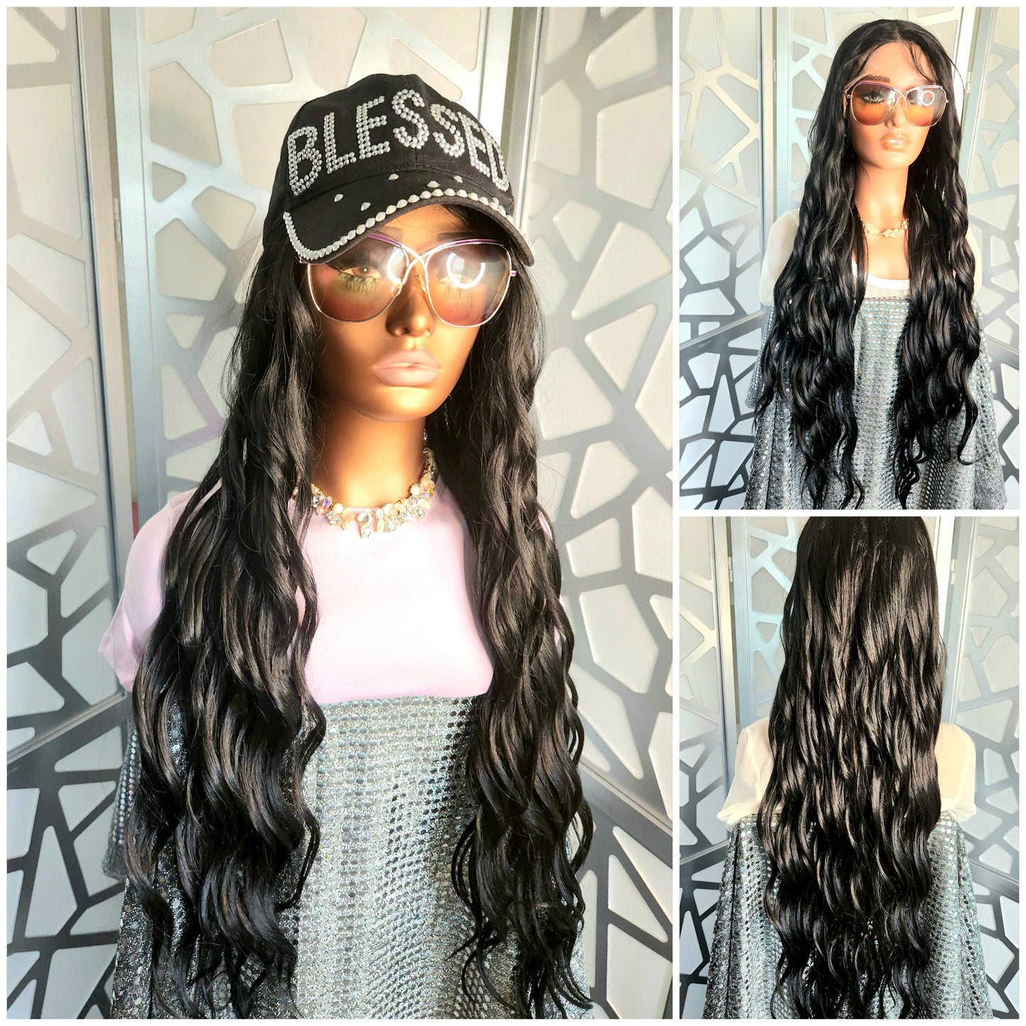 34" Black Long Curly Wig Balayage Highlights Red Human Hair Blend Glueless Wig Hair Loss Daily Wear Heat Safe