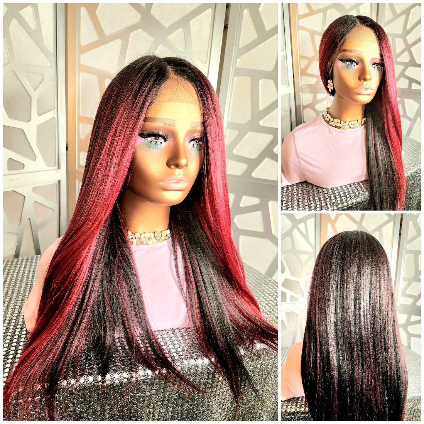 Kinky Straight Lace Front Wig Relaxed Yaki Straight Wig Black Highlights Burgundy Glueless Alopecia Heat