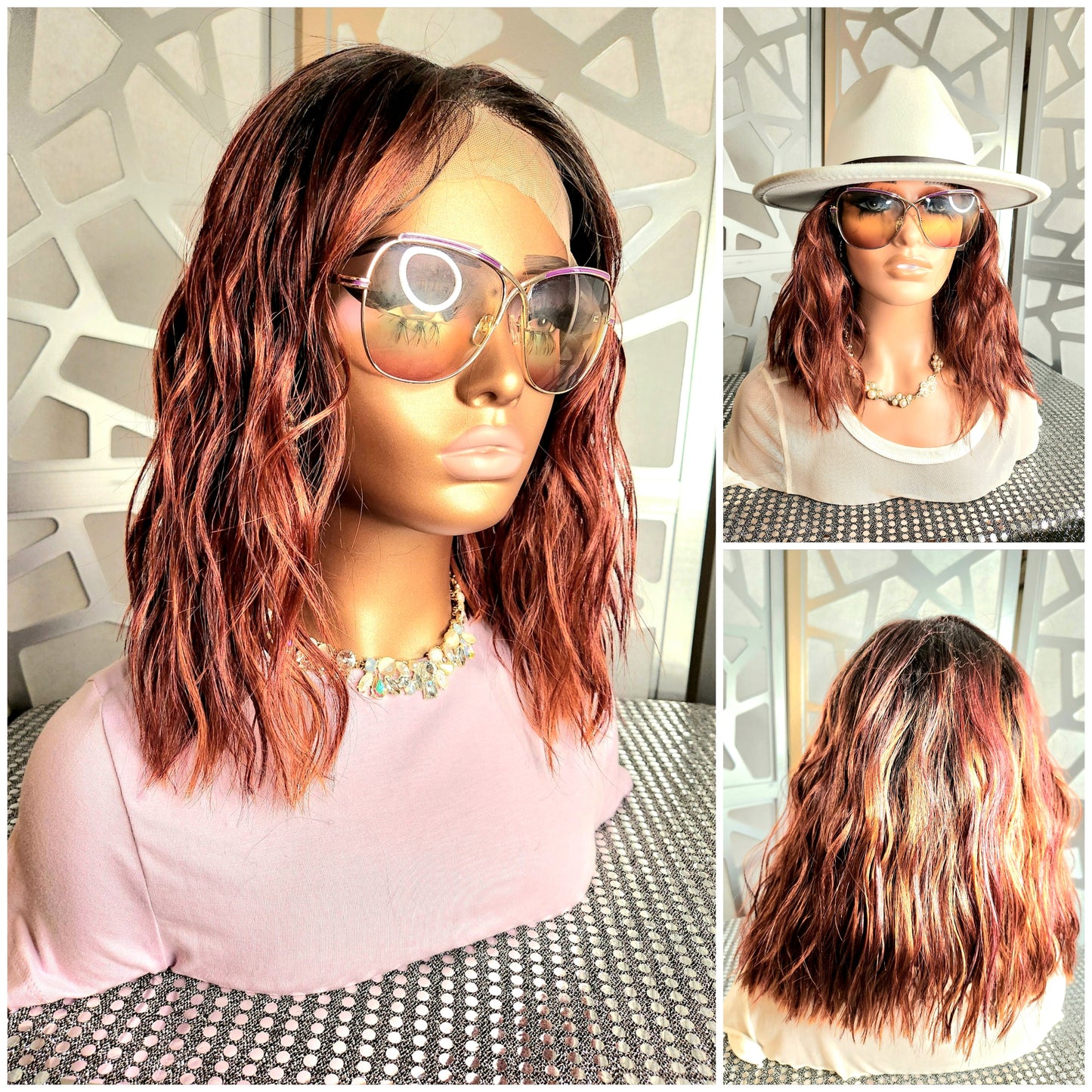 Short Wavy Wig Cooper Red Wig Lace Front Wig Human Hair Blend Ombre Highlights Daily wear Hair loss Heat Safe