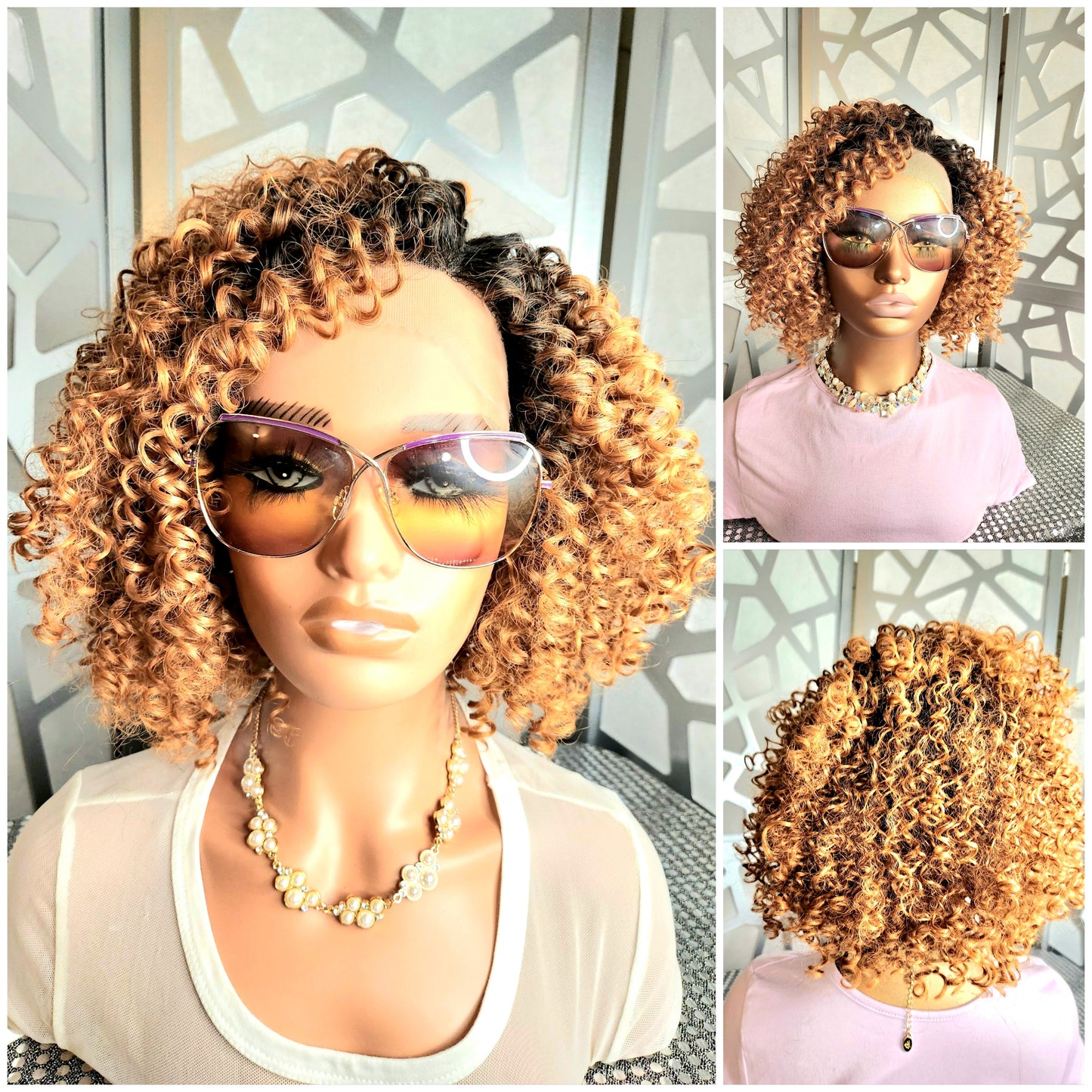 Short Curly Tight Wig Ombre Ginger Wig Lace Front Wig Human Hair Blend Glueless Wig Daily Wear Hair loss Heat Safe