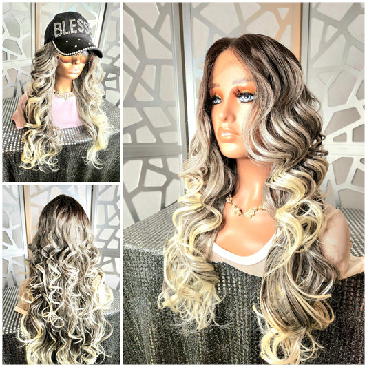 Long Curly Wig Platinum Blonde Wig Lace Front Wig Human Hair Blend Ombre White Blonde Wig Daily wear Hair Loss  Heat Safe