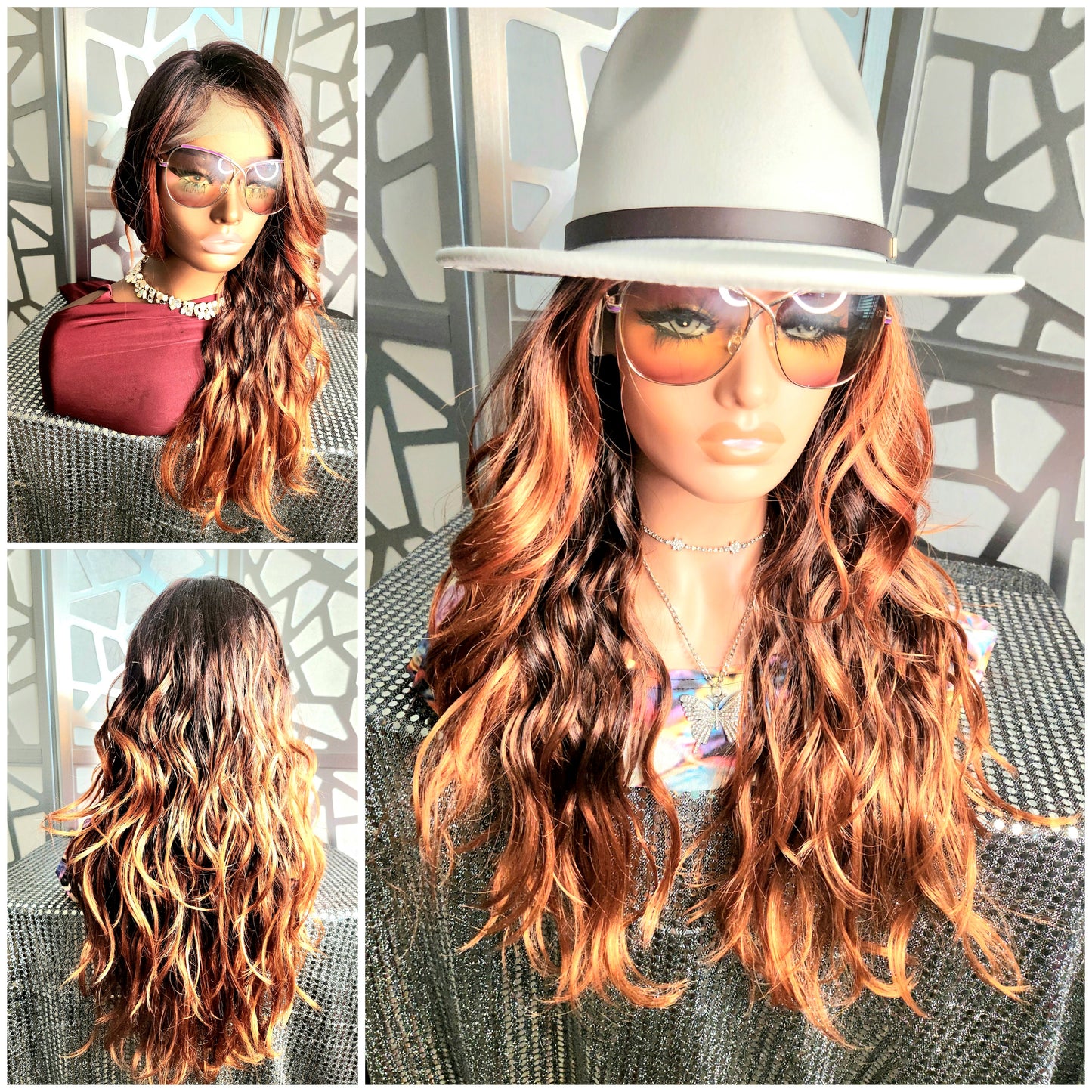 Red Wavy Wig, Lace Front wig Ombre Wig, Cooper Red Wig Human hair blend, Highlights Auburn Mixed Reds Glueless Wig Daily Wear Hair Loss