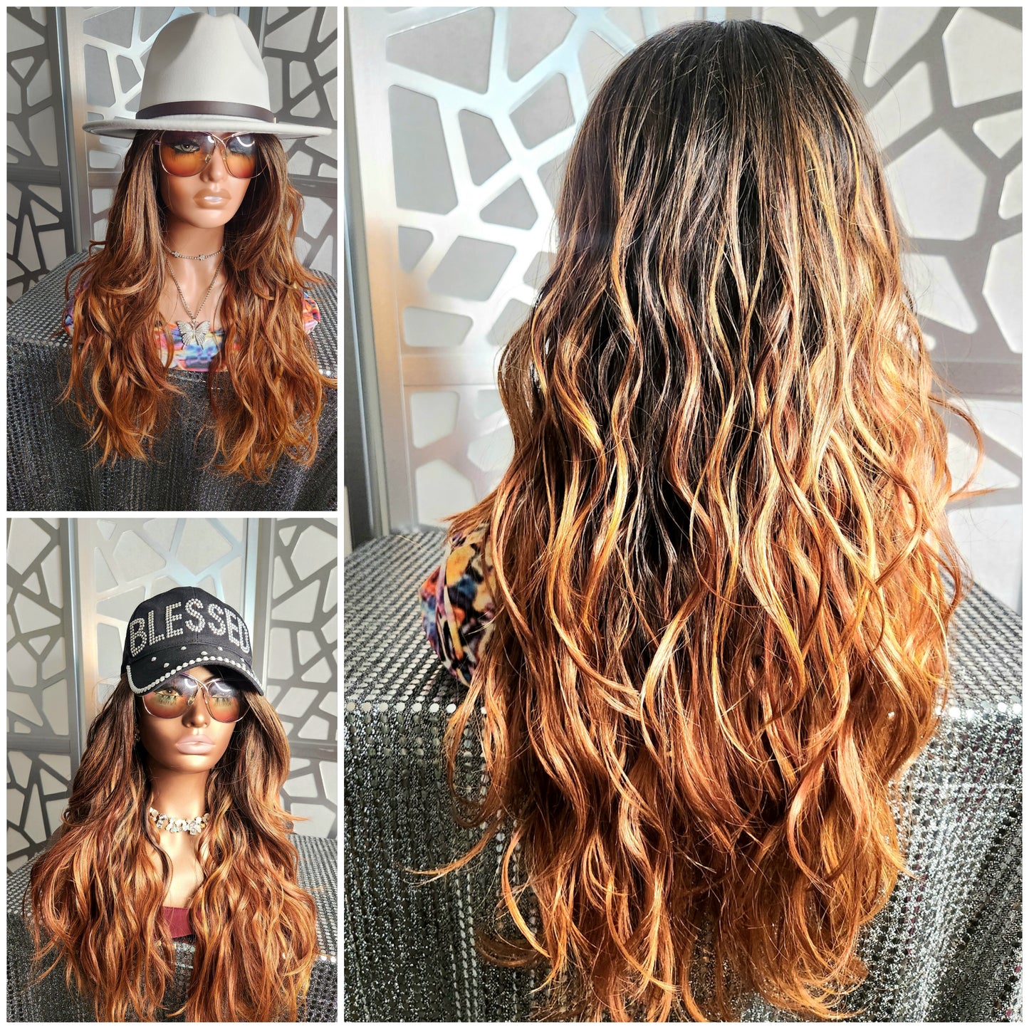 Wavy Wig, Ombre Wig, Reddish Brown Blonde Wig, Lace Front Wig, Human hair blend, Highlights Blonde Glueless Wig Daily Wear Hair Loss Heat