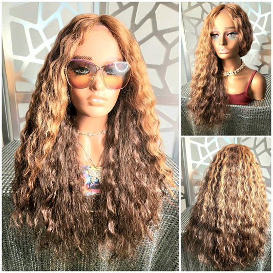 Curly Lace Front Wig Ombre Blonde Auburn Wig Human Hair Blend Glueless Wavy Reddish Blonde Wig Heat Safe Daily Wear or Hair loss