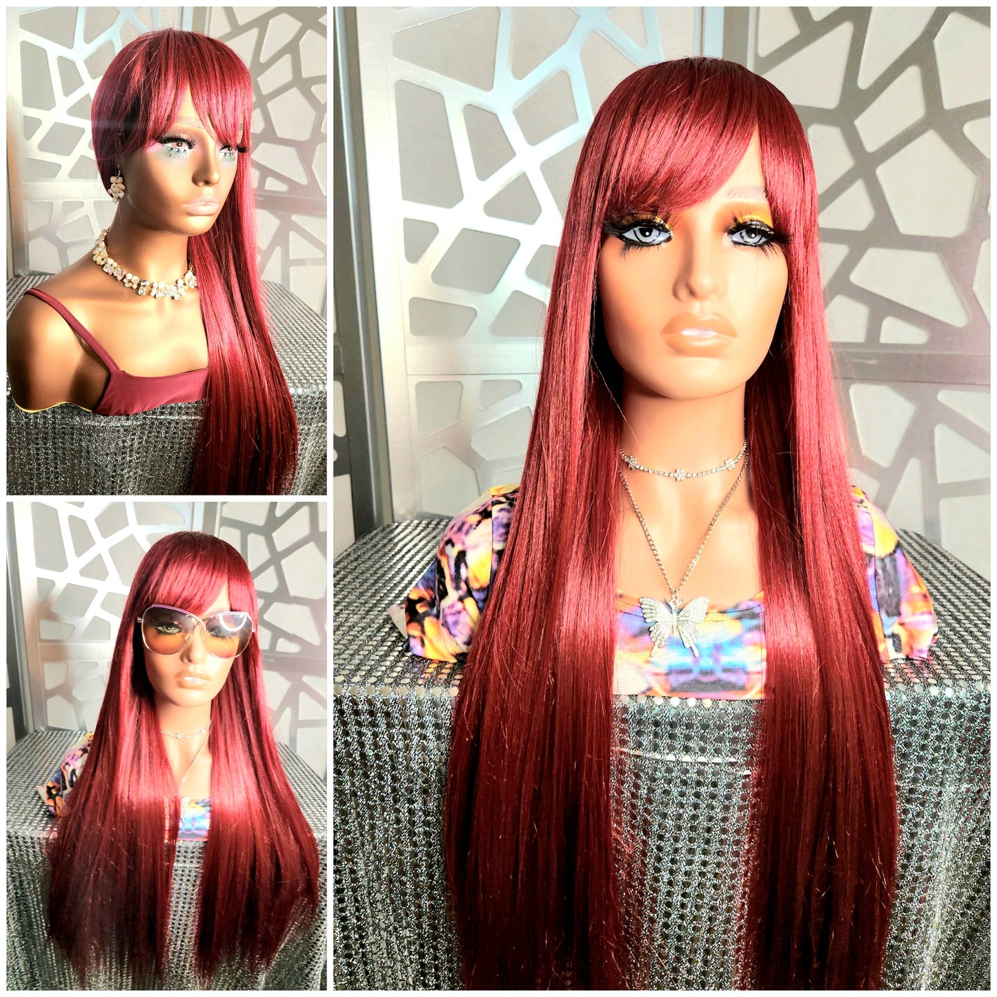 Red Straight Wig with Bangs, Burgundy Wig Long Straight Wig with Bangs, Human Hair Blend Glueless Wig   Bob Wig Long Red Wig Heat Safe