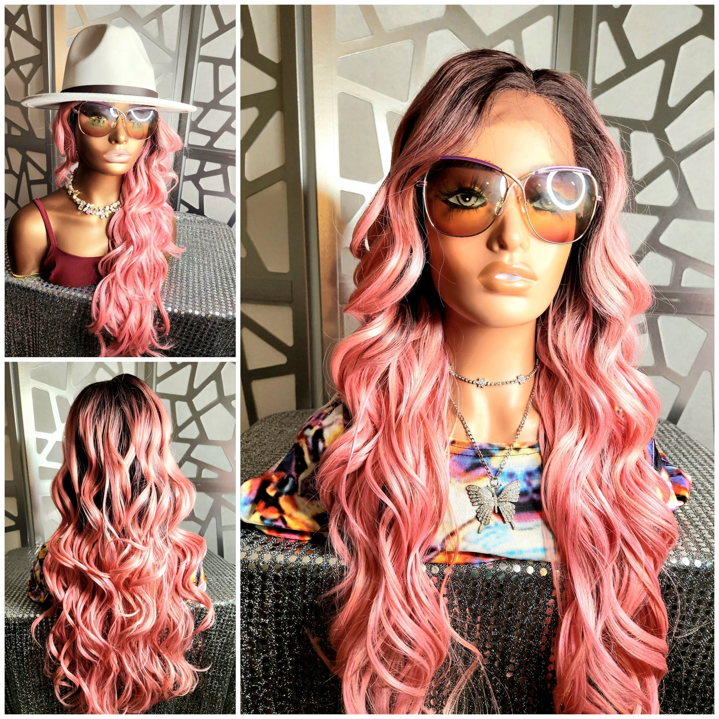 Long Pink Wig, Wavy Long Wig Lace Front Wig Pastel wig, ombre wig, Human Hair Blend Curly Pink Wig Daily Wear Cosplay Anime Pink Hair Heat