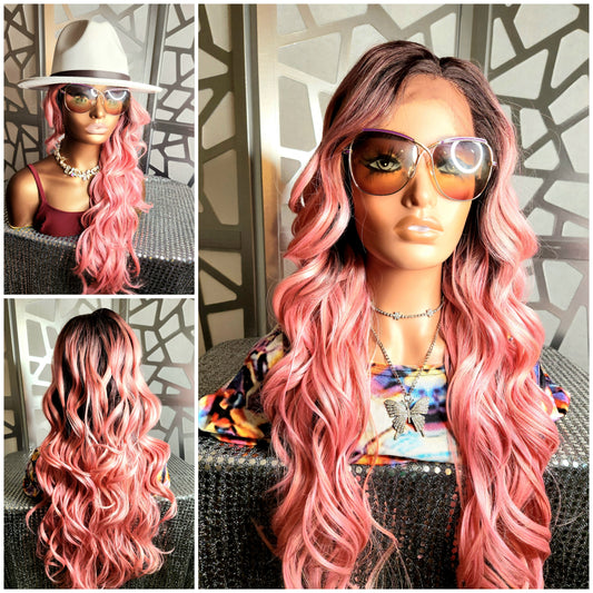 Long Pink Wig, Wavy Long Wig Lace Front Wig Pastel wig, ombre wig, Human Hair Blend Curly Pink Wig Daily Wear Cosplay Anime Pink Hair Heat