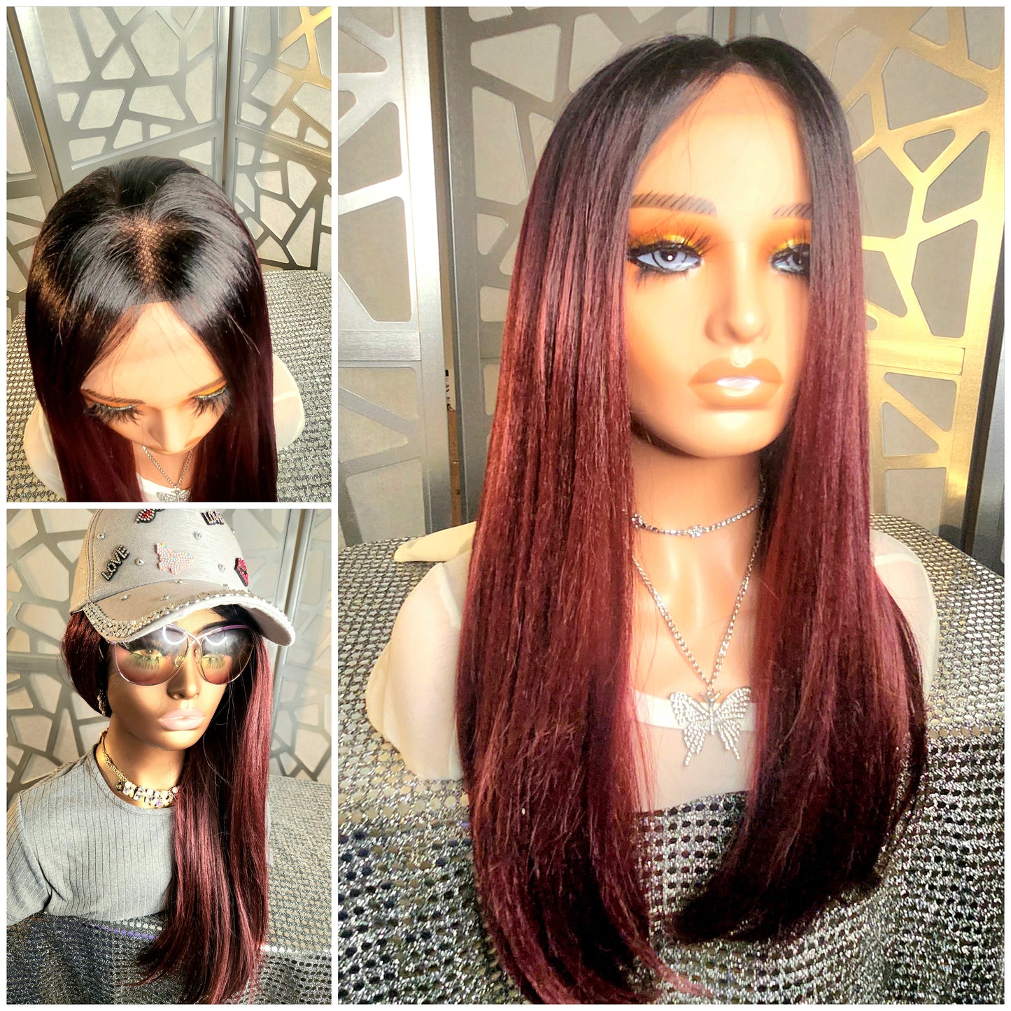 24" Long Straight Wig Lace Wig Burgundy Ombre Wig Human Hair Blend Free Parting 13x6  Highlights Heat Safe Daily wear Hair Loss