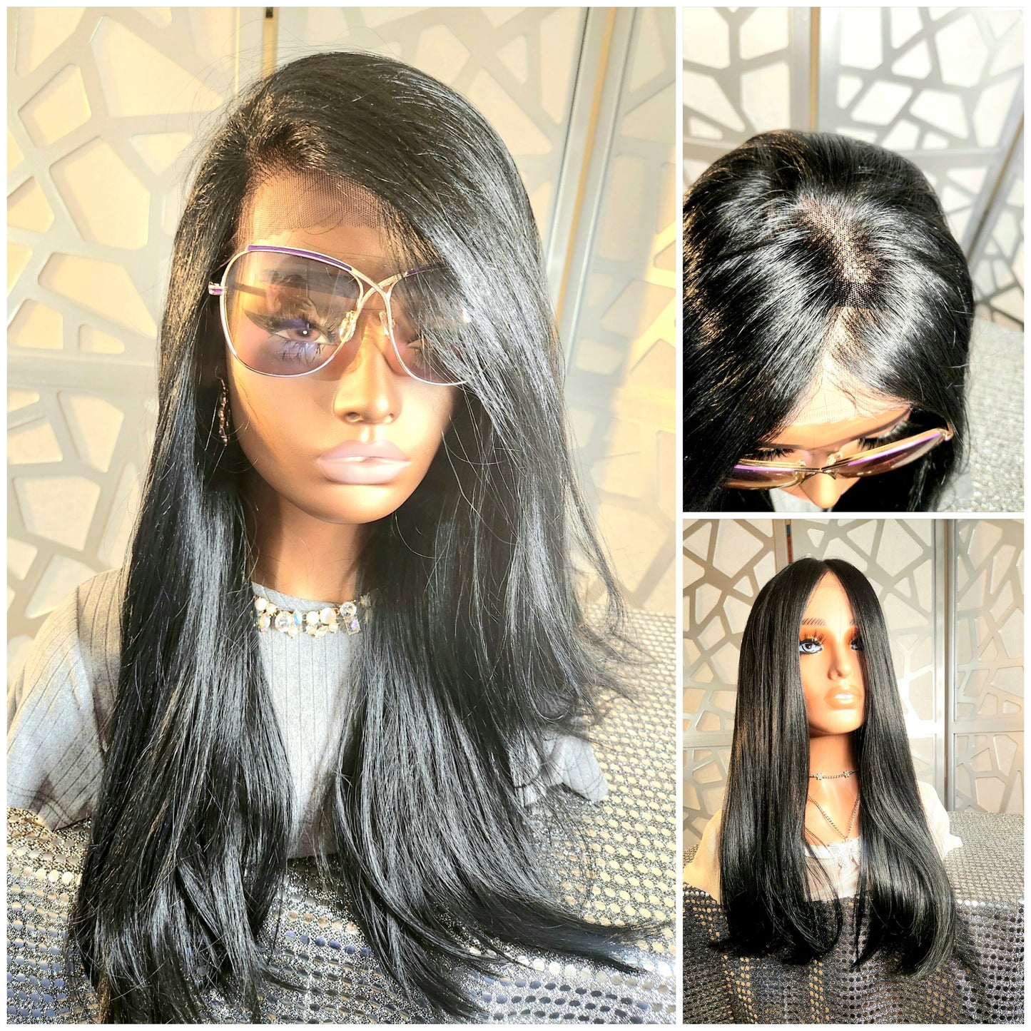 24" Long Black Wig Straight Free Parting Wig 13x6 Human Hair Blend Gleless Wig Heat Safe Daily Wear Hair Loss