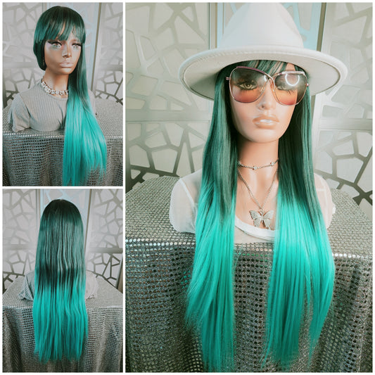 28"Straight Long Wig with Bangs Blue Wig Ombre Blue Aqua Wig Glueless Daily Wear Hair loss Anime