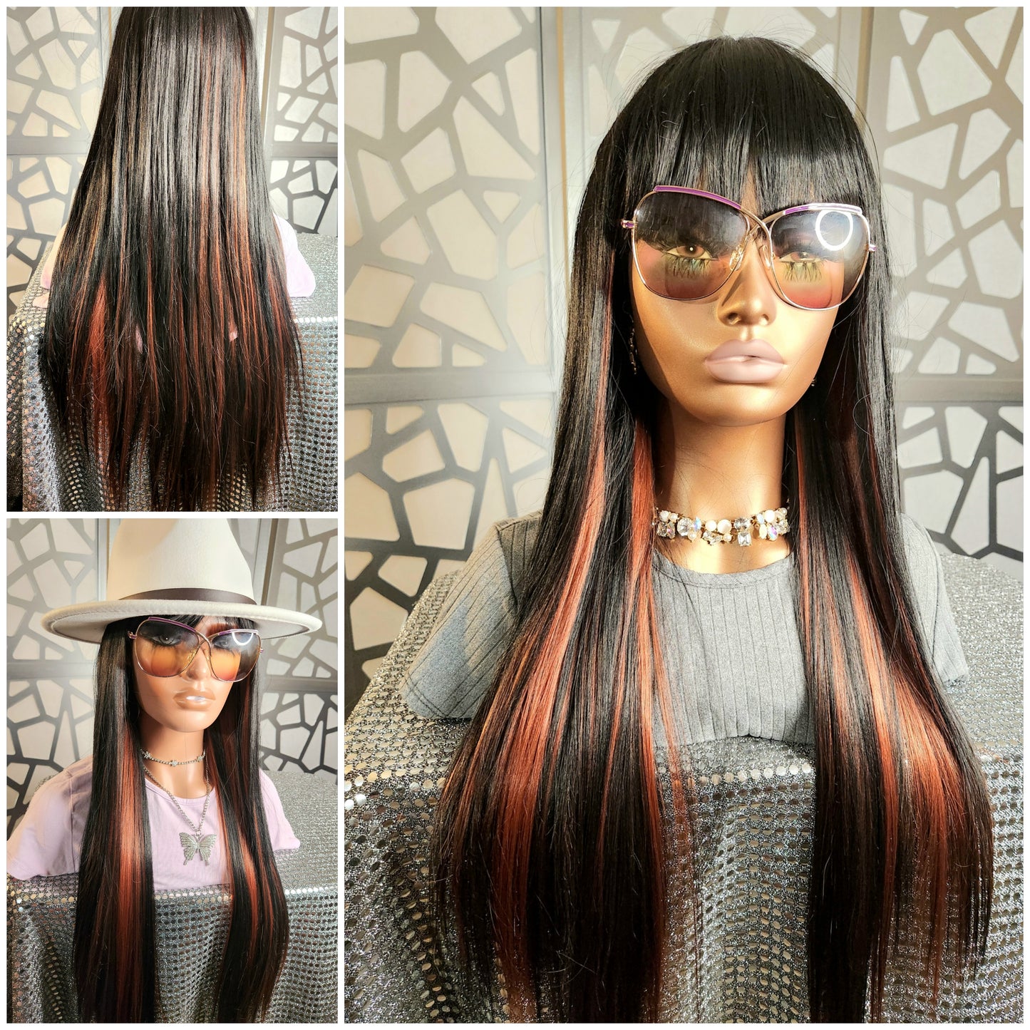 28" Straight Long Wig with Bangs Black Wig Balayage Highlights Cooper Red Hair Loss Daily Wear Cosplay Anime