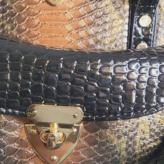 Black Gold Handbag Handbag 2pc (Alligator?)  Purse Black & Bronze Evening Bag Coin Purse Gold Trim Bling